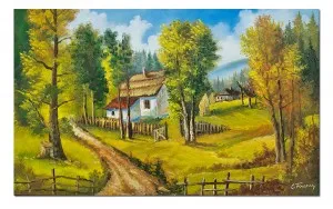 Tablou pictat manual - La casa din padure, plaiuri mioritice - 100x60cm ulei pe panza, Superb