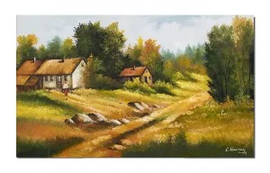 Tablou pictat manual, Pe meleaguri mioritice, la casa din padure - 100x60cm ulei pe panza, Superb