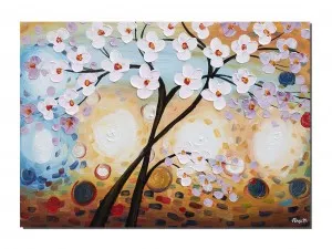Tablou pictat manual, Copacul vietii, copac inflorit - 70x50cm ulei pe panza in relief, efect 3D, fabulos