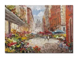 Tablou pictat manual living, Pe strada cu terase si flori, stilizat -70x50cm ulei pe panza in cutit efect 3D, superb