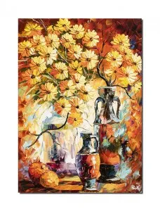 Tablou pictat manual, Aranjament floral, stilizat - 70x50cm ulei pe panza in cutit efect 3D, superb