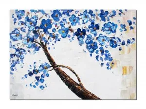 Tablou pictat manual, Viata, copac cu flori albastre - 70x50cm ulei pe panza in relief efect 3D, Superb