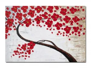 Tablou pictat manual living, dormitor, Viata, copacul vietii in rosu - 70x50cm ulei pe panza in relief efect 3D, Fabulos