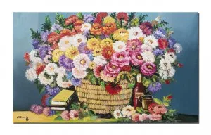 Tablou pictat manual living, dormitor, Cos cu flori, parfum de sarbatoare - 100x60cm ulei pe panza