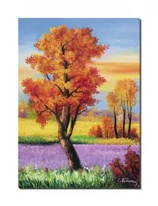 Tablou pictat manual, Peisaj impresionist, lavanda si copac rosiatic, 70x50cm pictura ulei pe panza