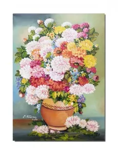Tablou pictat manual, Vaza cu crizanteme, parfum de sarbatoare, 70x50cm ulei pe panza, Magistral