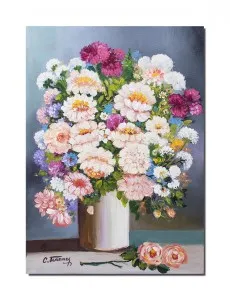 Tablou pictat manual clasic, Vaza cu flori, parfum de sarbatoare, 70x50cm ulei pe panza,