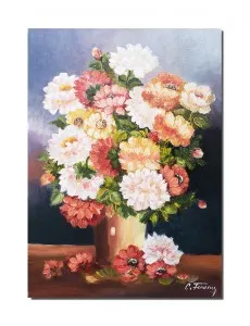 Tablou pictat manual, dormitor, living - Magie florala, vaza cu flori, 70x50cm ulei pe panza