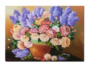 Tablou clasic pictat manual, Vaza cu bujori si liliac, 70x50cm ulei pe panza