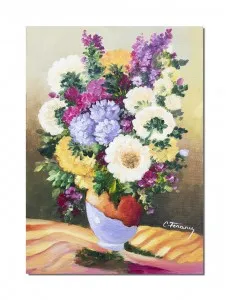 Tablou pictat manual, Vaza cu flori multicolore, pictura 70x50cm ulei pe panza