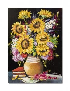 Tablou pictat manual, Vaza cu floarea soarelui, margarete si carti, pictura 70x50cm ulei pe panza