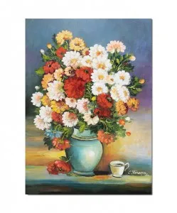Tablou pictat manual, Vaza cu flori, invitatie la o cafea - 70x50cm pictura ulei pe panza