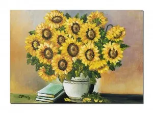 Tablou pictat manual, Vaza cu floarea soarelui si carti, 70x50cm ulei pe panza, gata de expus pe perete
