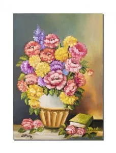 Tablou pictat manual, Poem floral, vaza cu flori si carte, 70x50cm ulei pe panza, gata de expus pe perete