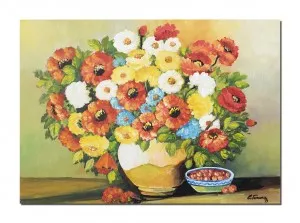Tablou pictat manual, Vaza cu flori si cirese, parfum floral, 70x50cm ulei pe panza, gata de expus pe perete