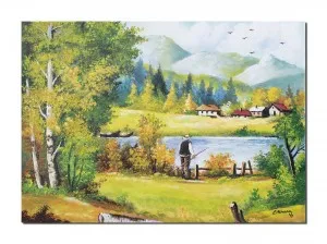 Tablou pictat manual, Peisaj din natura cu pescarul norocos, 70x50cm ulei pe panza, gata de expus pe perete
