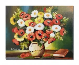Tablou pictat manual, Vaza cu maci, anemone si carte, 50x40cm ulei pe panza