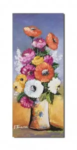 Tablou pictat manual, Vaza cu flori multicolore - 60x25cm ulei pe panza