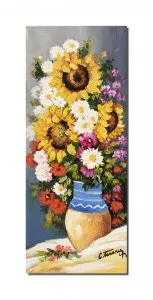 Tablou pictat manual, hol, dormitor, living, Vaza cu floarea soarelui, margarete si anemone, 60x25cm ulei pe panza