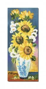 Tablou pictat manual, hol, dormitor, living, Vaza cu floarea soarelui, margarete, 60x25cm ulei pe panza