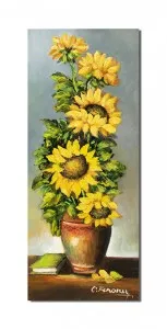 Tablou pictat manual, Vaza cu floarea soarelui si carte, 60x25cm ulei pe panza, gata de agatat pe perete