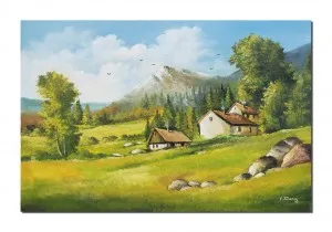 Tablou pictat manual GIGANT living, Liniste deplina, peisaj de la munte, 120x80cm ulei pe panza