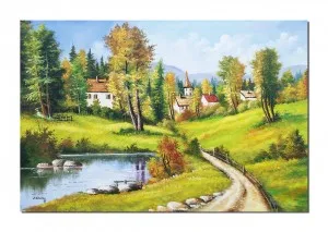 Tablou pictat manual GIGANT living, Peisaj din natura, oaza de liniste, 150x100cm ulei pe panza, gata de expus pe perete