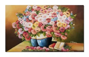 Tablou pictat manual living, dormitor, Vaze cu flori si carti, 100x60cm ulei pe panza