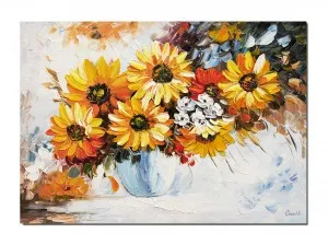 Tablou pictat manual, Vaza cu floarea soarelui, 70x50cm ulei pe panza in cutit, efect 3D, gata de expus pe perete