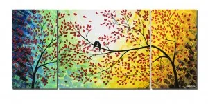 Set 3 piese tablou pictat manual, living - Pasari pe ramura de copac, tril - 160x70cm ulei pe panza in cutit efect 3D