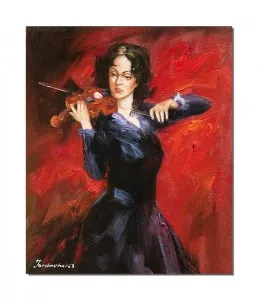 Tablou pictat manual, Tanara cu vioara, Virtuoza, 60x50cm ulei pe panza