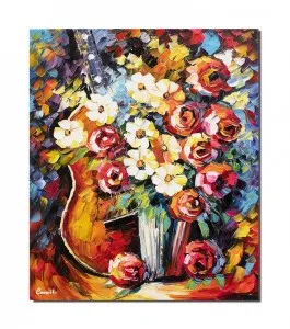 Tablou pictat manual, Vaza cu trandafiri, anemone si chitara, 60x50cm ulei pe panza in cutit efect 3D