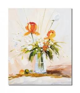 Tablou pictat manual, Aranjament floral in cutit, ikebana, 60x50cm ulei pe panza in efect 3D