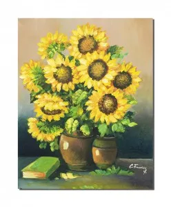 Tablou pictat manual, Vaza cu floarea soarelui si carte, 50x40cm ulei pe panza