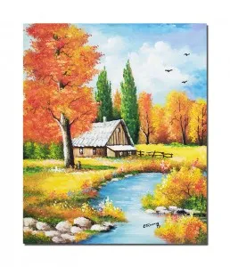 Tablou pictat manual, Peisaj din natura cu casa si copac, 60x50cm ulei pe panza