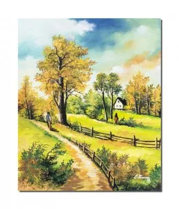 Tablou pictat manual, Peisaj din natura, amintiri din copilarie, 60x50cm ulei pe panza