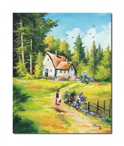 Tablou pictat manual, La casa de langa padure, amintiri din copilarie, 60x50cm ulei pe panza