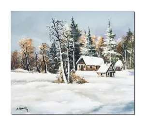 Tablou pictat manual, Peisaj de iarna, 60x50cm ulei pe panza