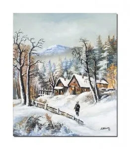 Tablou pictat manual living, hol, dormitor, Peisaj de iarna, amintiri din copilarie, 60x50cm ulei pe panza