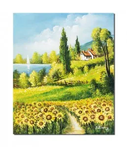 Tablou pictat manual, Peisaj cu floarea soarelui, casa si iola, 60x50cm ulei pe panza