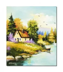Tablou pictat manual, Peisaj din natura, la casa de langa rau, 60x50cm ulei pe panza