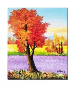 Tablou pictat manual, Peisaj cu lavanda si copac in rosu, 60x50cm ulei pe panza