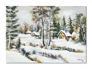 Tablou pictat manual, Peisaj de iarna, amintiri din copilarie, 70x50cm pictura ulei pe panza
