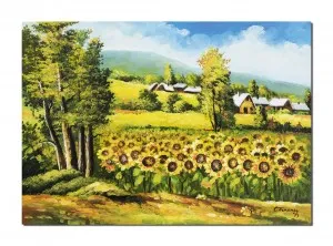 Tablou pictat manual, Peisaj cu floarea soarelui si case, amintiri din copilarie, 70x50cm