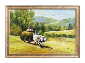 Tablou pictat manual inramat, Carul cu boi - 65x45cm ulei panza, reproducere Nicolae Grigorescu