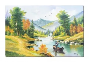 Tablou GIGANT living pictat manual, Peisaj montan, cu barca pe rau, 120x80cm ulei pe panza