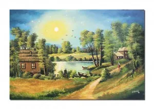 Tablou GIGANT pictat manual, Peisaj din natura, apus de soare cu pescar, 120x80cm ulei pe panza