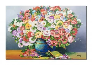 Tablou pictat manual gigant living, Vaza cu flori si carte, parfum de sarbatoare - 120x80cm ulei pe panza