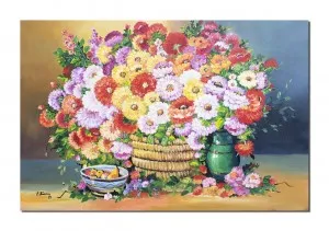 Tablou pictat manual gigant living, Cos cu flori si fructe, parfum de sarbatoare, 120x80cm ulei pe panza