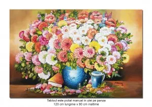 Tablou pictat manual gigant, Vaza cu flori, parfum de sarbatoare, 120x80cm ulei pe panza